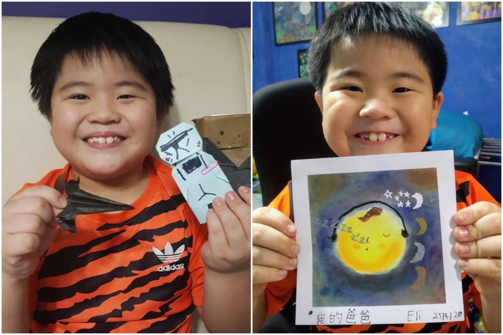 Eli Sim enjoyed teaching his friends to do Star Wars origami (left) to his friends via Zoom and doing Nagomi Art. PHOTOS: COURTESY TO CAROL LIM